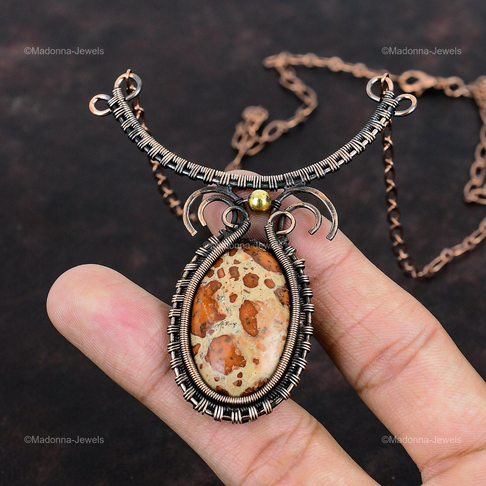 Oval Asteroid Jasper Gemstone Copper Sister Chain Wire Wrapped Birthday Necklace