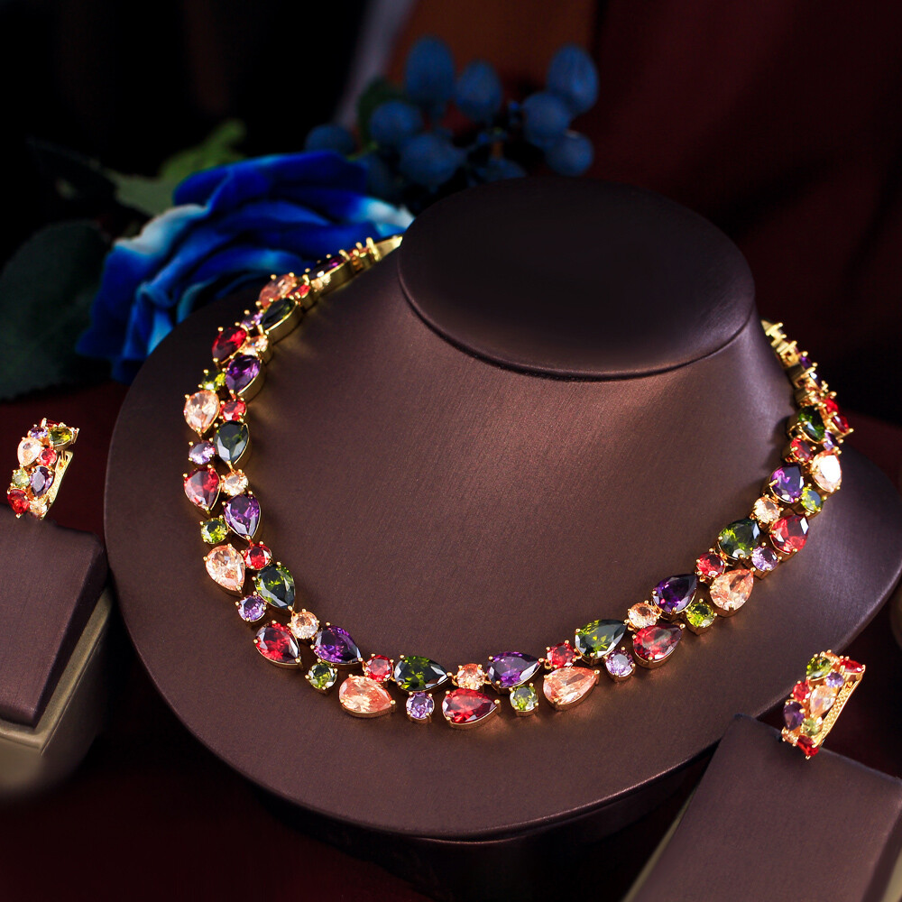 Charm Gold Plated Multicolor Cubic Zirconia Necklace Earrings Bridal Jewelry Set