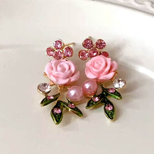 Pink ROSE Flowers PEARL Choker Rhinestone Betsey Johnson Necklace Earring SET