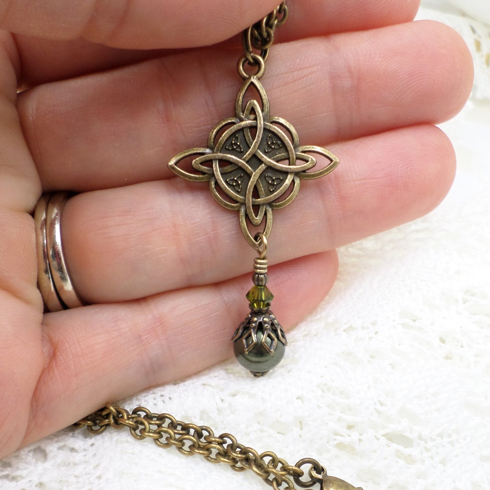 Celtic Knot Necklace, Green Bead Antique Brass Witch Knot Handmade Jewelry
