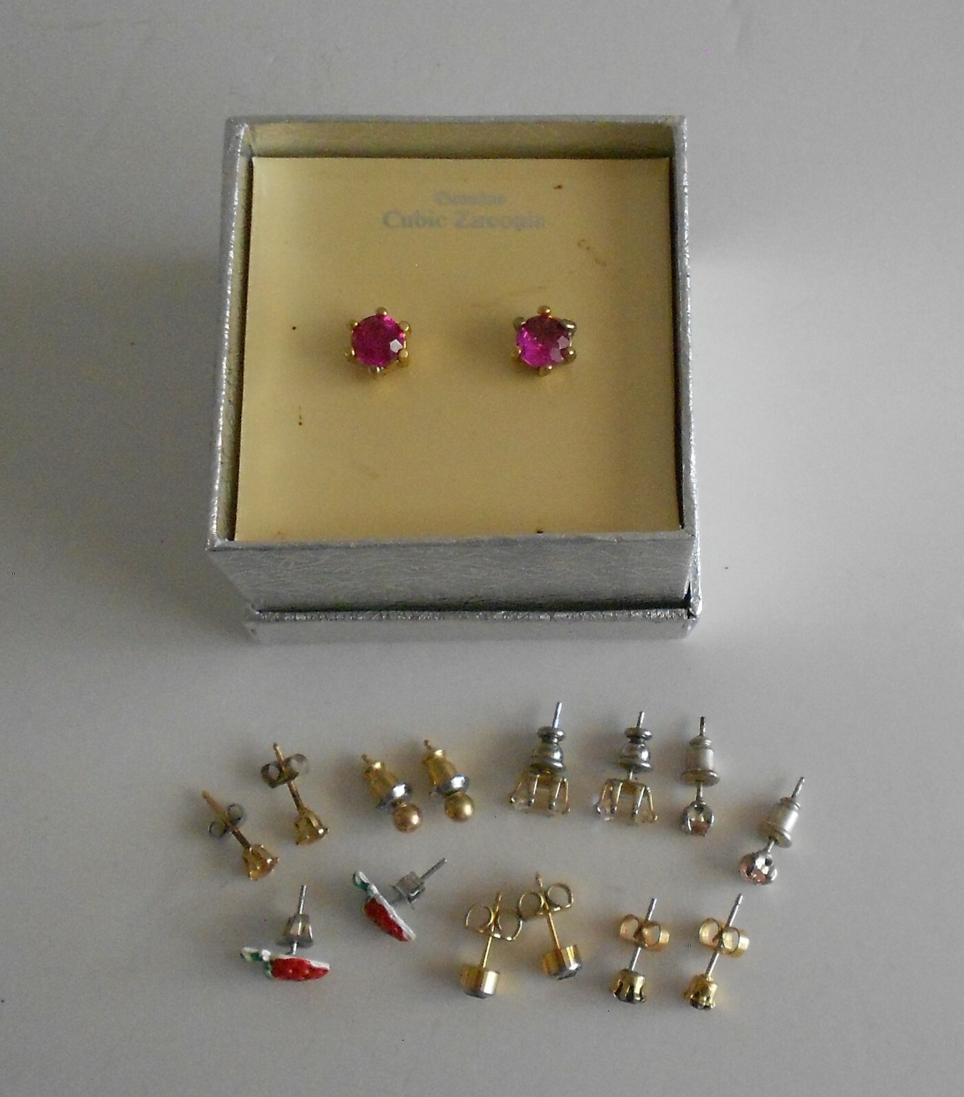 8 Pair Stud Earrings Pink Cubic Zirconia Red Enamel Strawberry