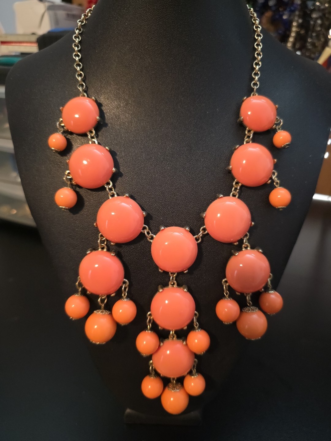 Gold Tone Peach Orange Acrylic Round Bubble Bib Statement Necklace