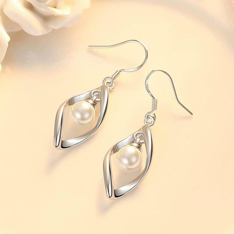 Elegant Open Twist Leaf Dangle Earrings Pearl Hanging Silver Plated Drop Earring