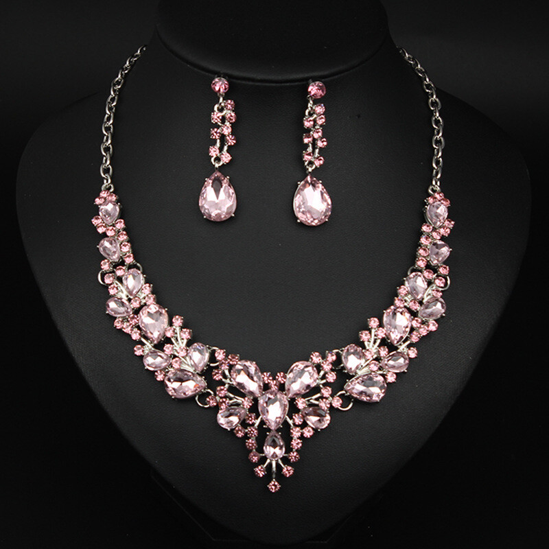 Crystal Gem Necklace Earrings Bridal Jewelry Set Statement Christmas Party Gift