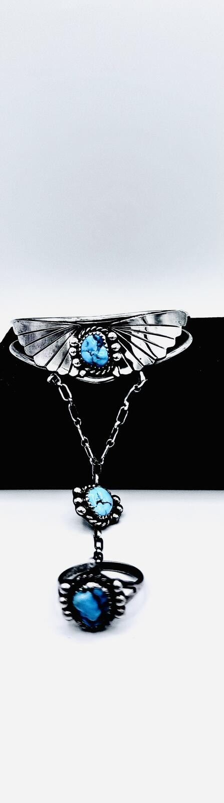 Navajo Native American sterling silver slave cuff;bracelet to hand chain to ring