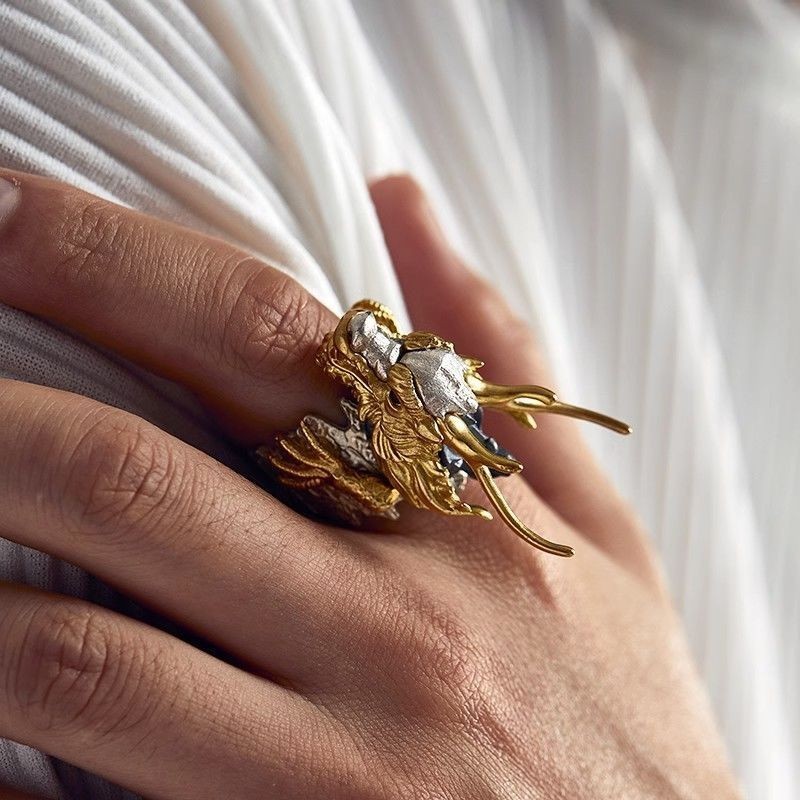 Vintage Style Chinese Style Dragon Adjustable Ring Men Open Finger Ring