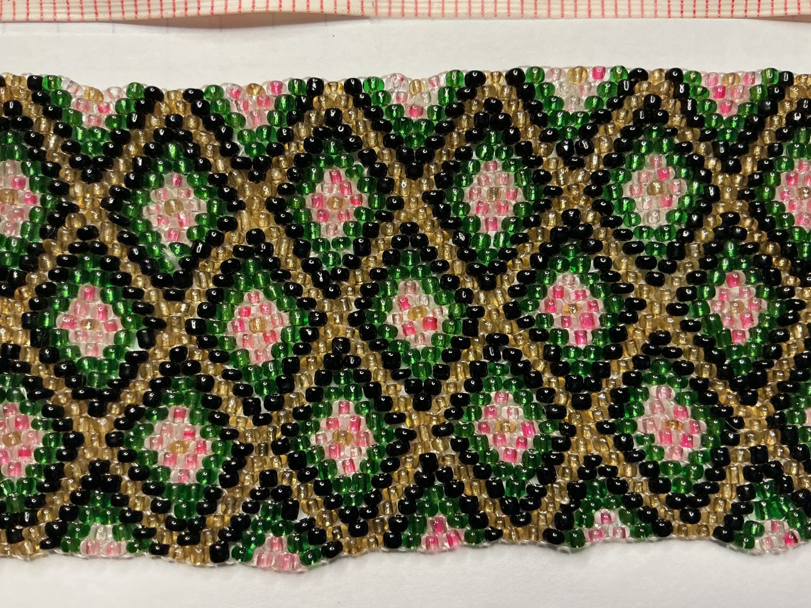 Vintage Seed Bead Cuff Bracelet, Pink/Green/Black Diamond Pattern, 30g