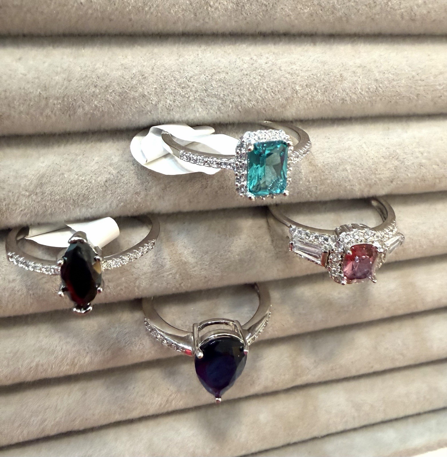 Sterling silver cocktail rings. Lab created gemstones. Lot of 4 rings