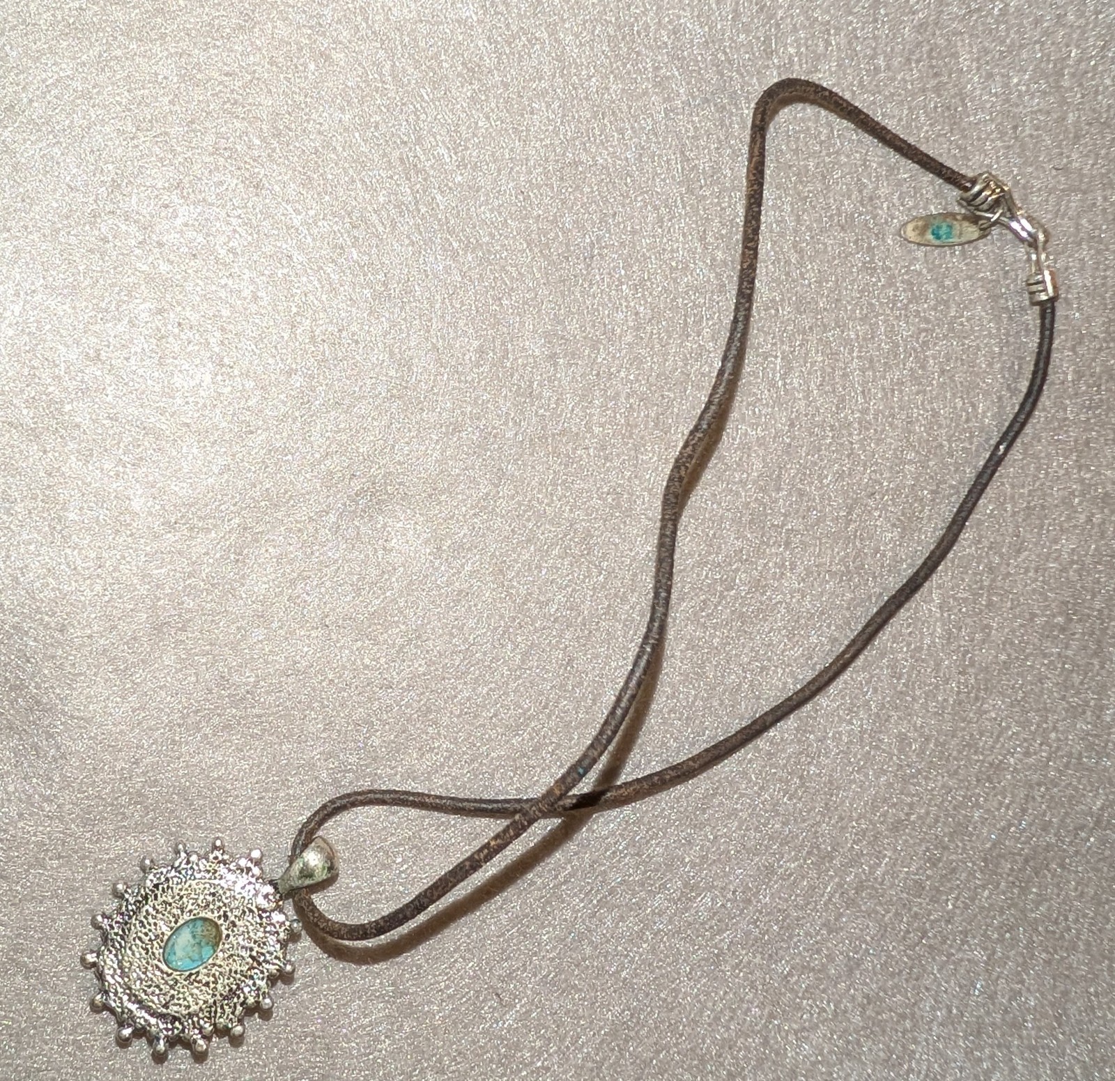Turquoise Oval Bezel Set Pendant Charm Necklace Brown Leather Cord Hook