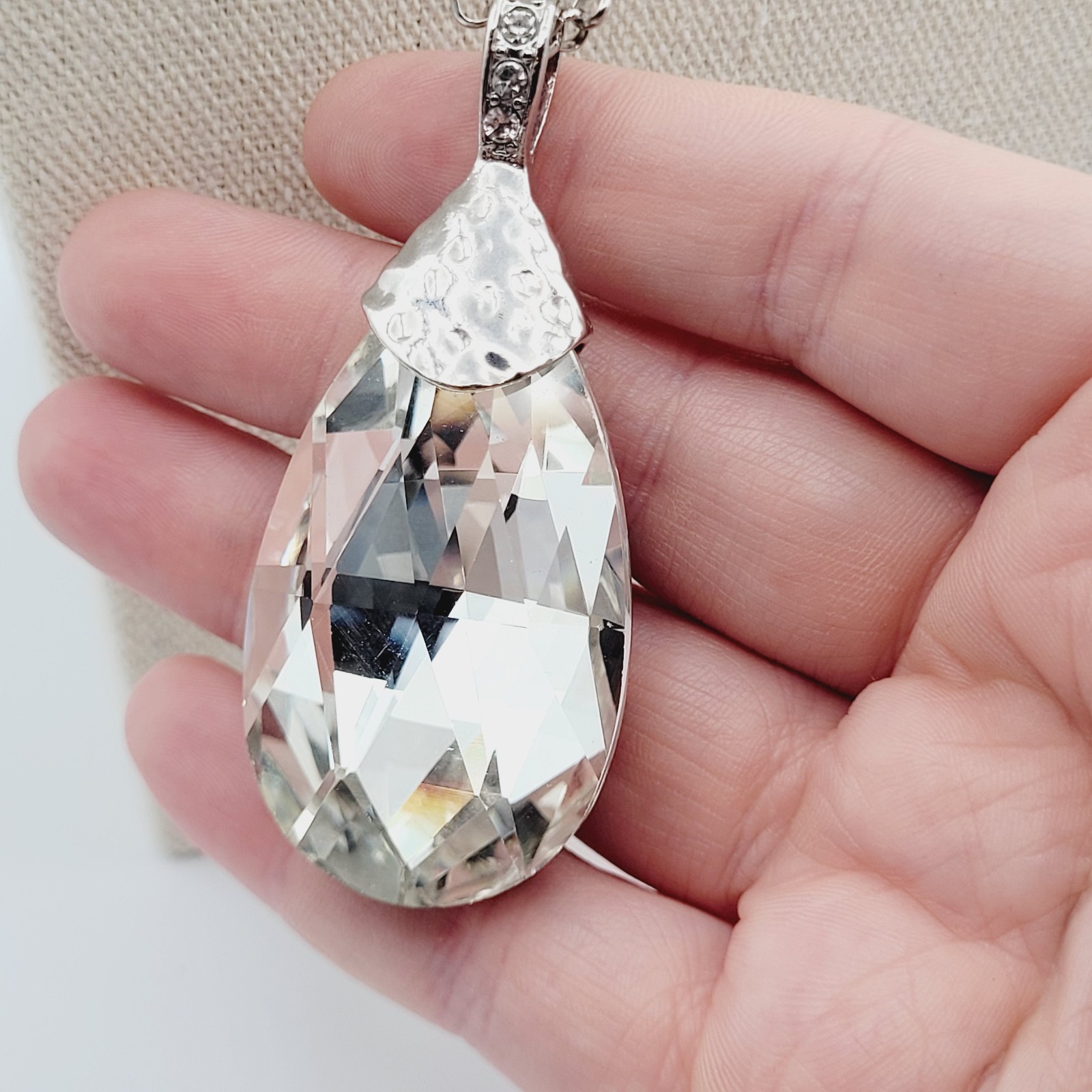 Clear Crystal Teardrop Pendant Necklace Silver Tone Stackable Adjustable 40″