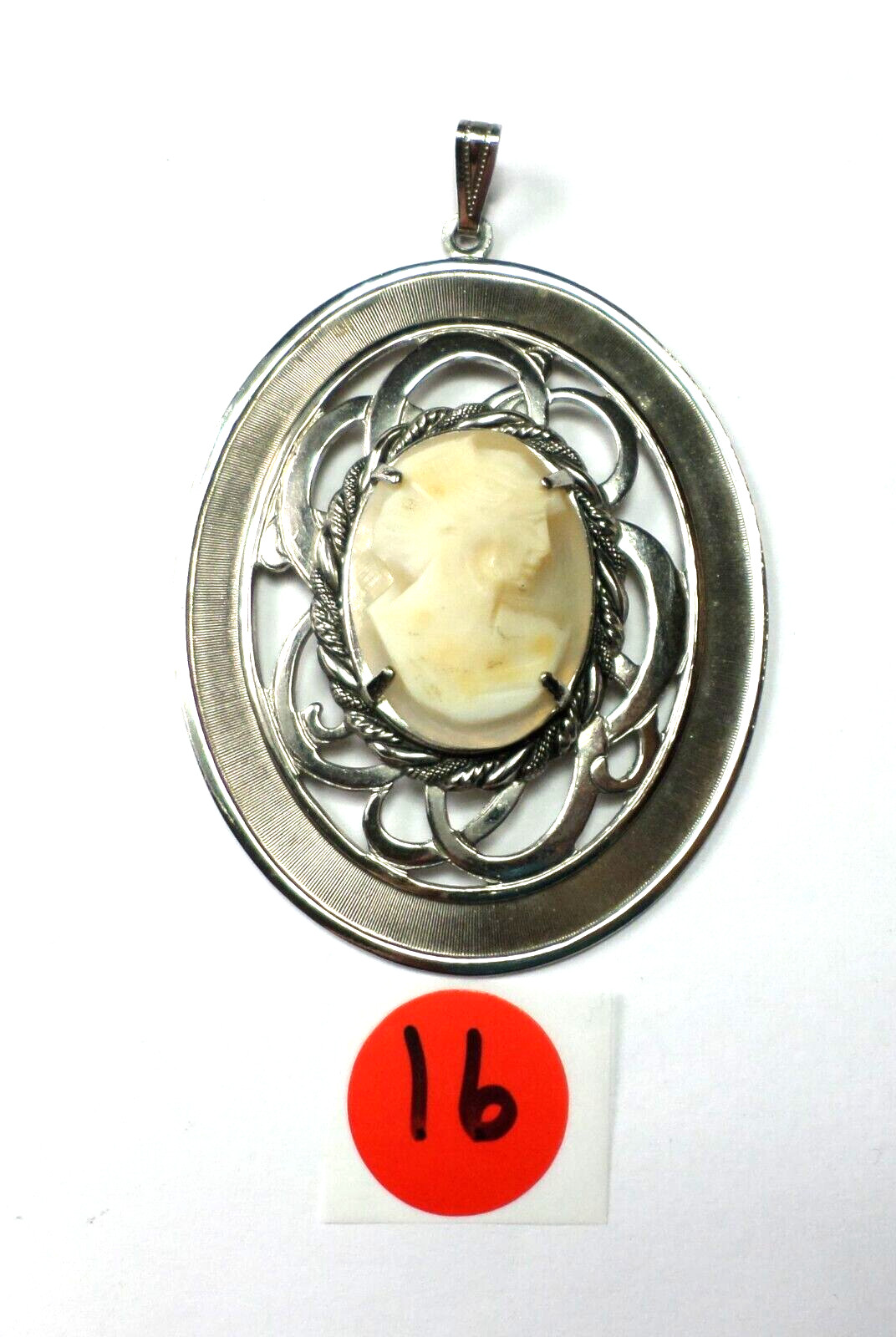 Vintage Woman Shell Cameo 30x22mm Facing Right XLarge Silver Pendant 84x55mm