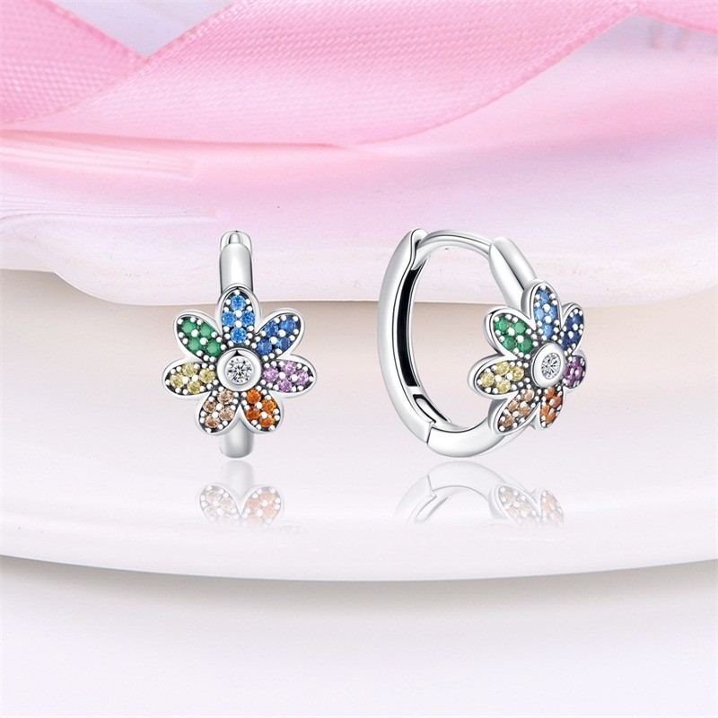 PANDACH Sterling Silver Tiny Colorful CZ Sunflower Hoop Earrings For Women Girls