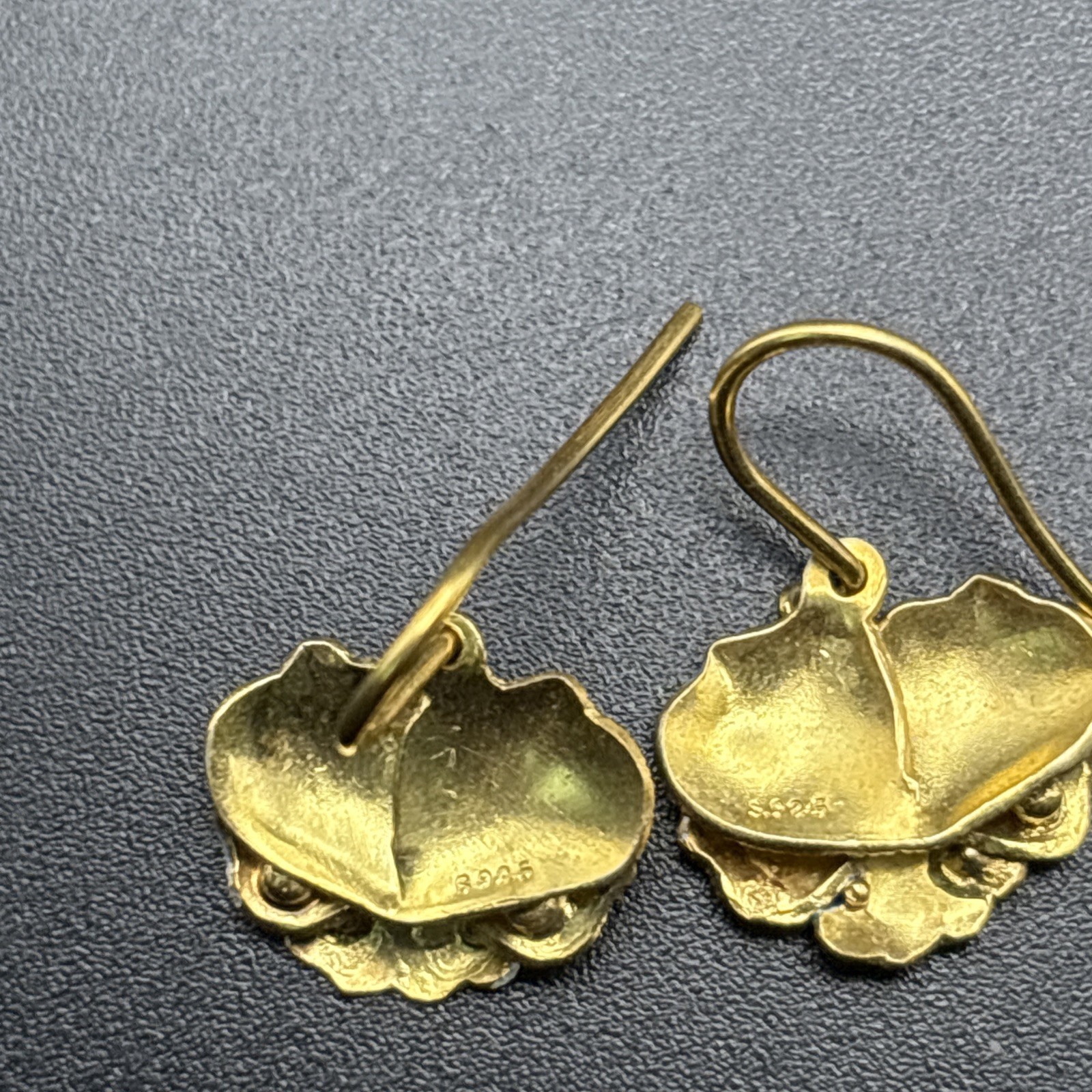 Shashi Earrings Sterling Silver Blue Enamel Gold Wash Pansy Dangle Dainty .75”￼