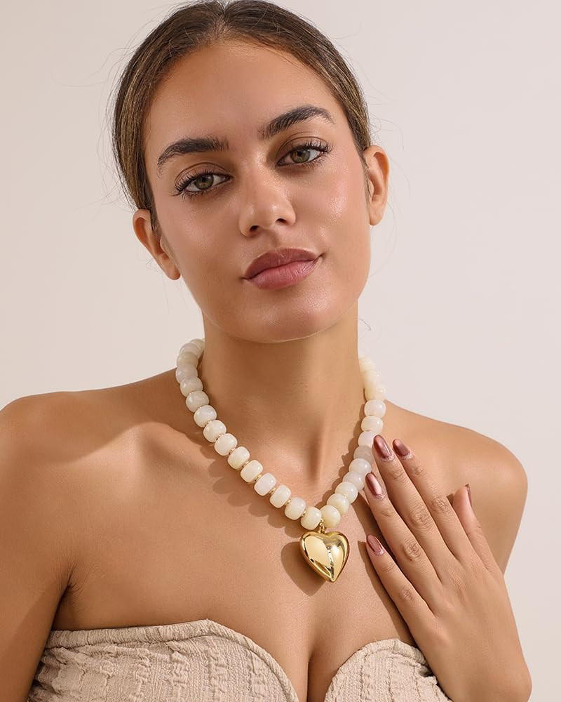 Puffy Gold Heart Necklaces for Women Chunky Beaded Necklace in Several Colorways