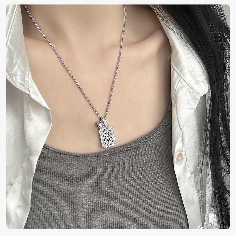 Vintage Square Tag Simulated CZ Pendant Adjustable Wheat Chain Necklace