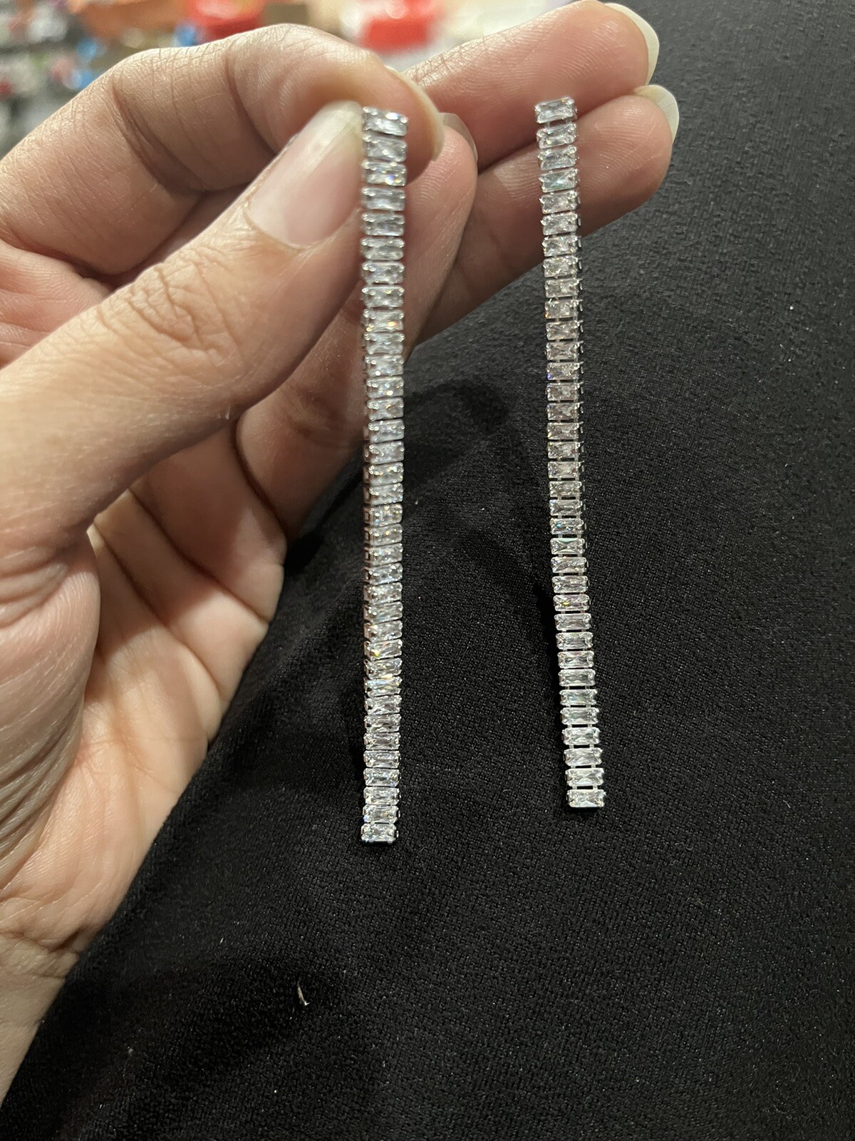Very Long Silver Earrings Clear White Crystal Extra Long Earrings Rhinestone