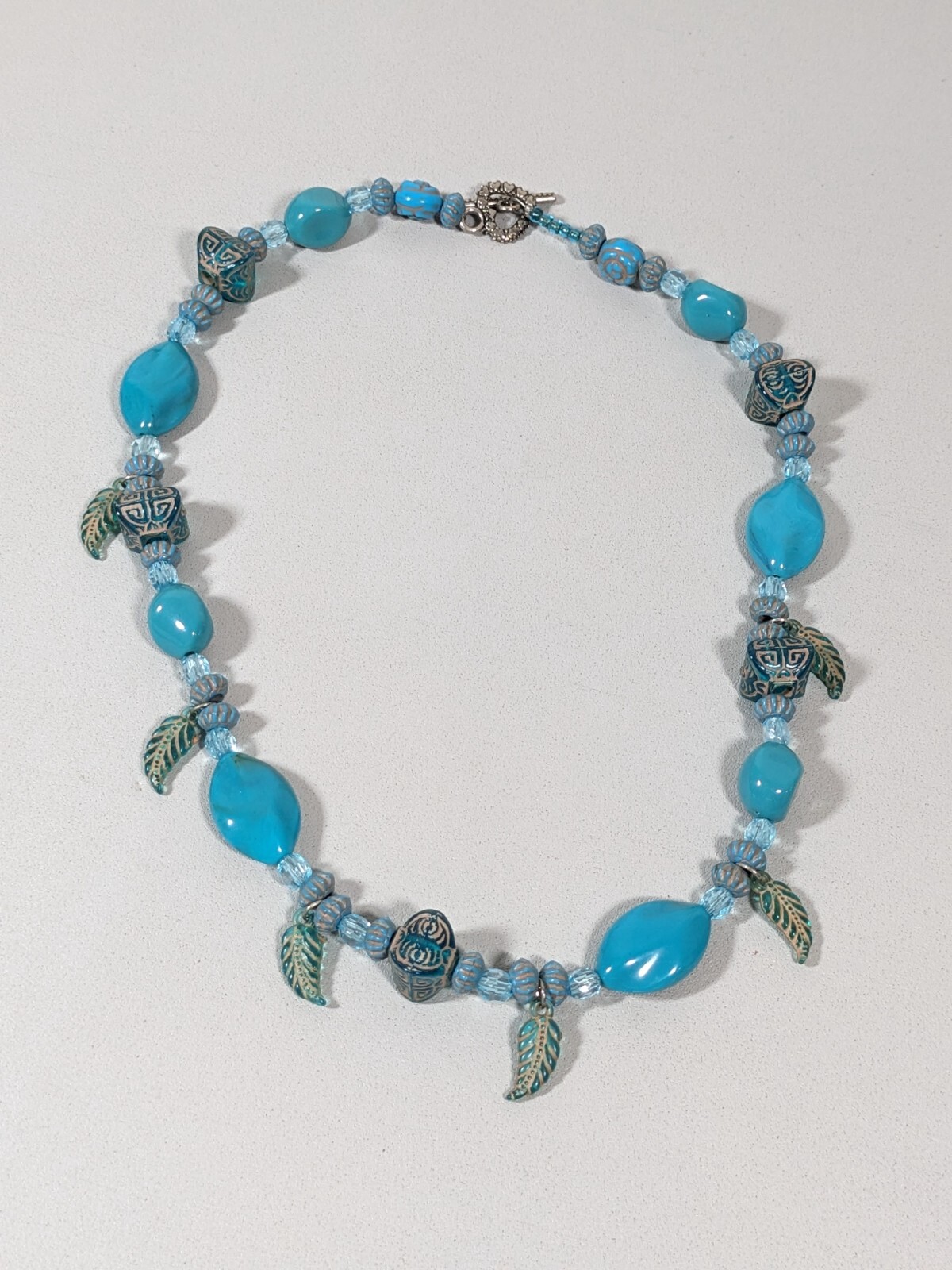 Beach Coastal Boho Blue Acrylic Leaf Charm Bead Bali Style Necklace 18.5 inches