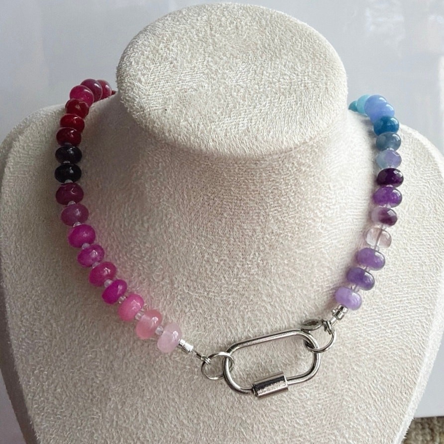 Ombre Rainbow Gemstone Necklace, Semi-Precious, Silver Tone Hardware, 16″
