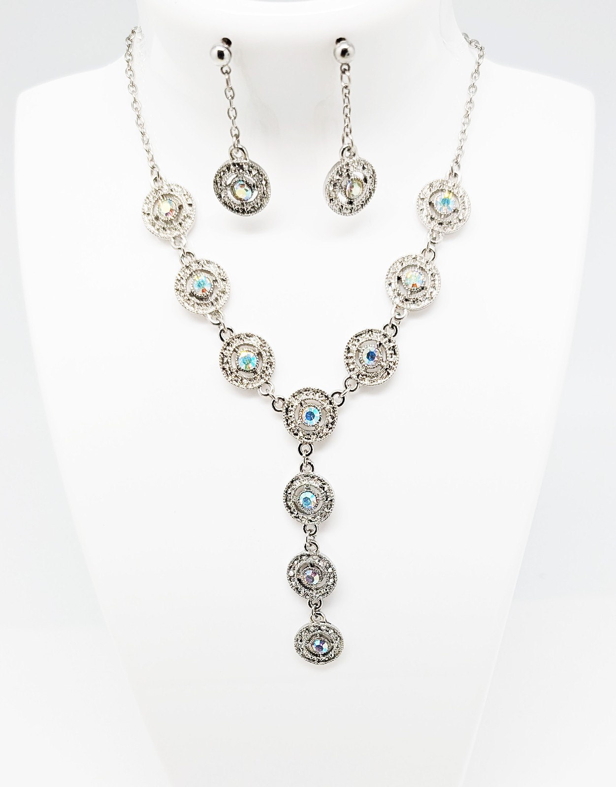 DESIGNER INSPIRED 17 in CLEAR A/B CRYSTAL CIRCLE DROP Y SILVER JEWELRY SET NEW