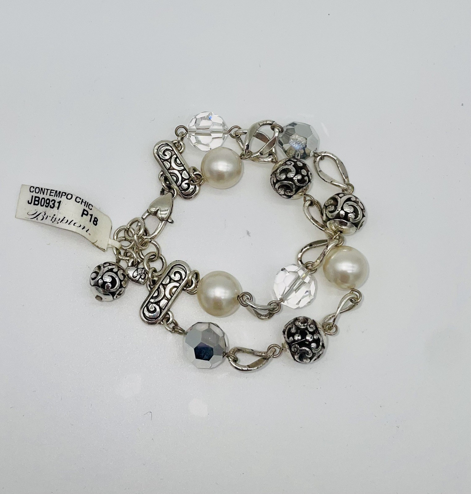 BRIGHTON CONTEMPO CHIC CRYSTAL+PEARL+METALLIC BEAD SLVR 2STRAND BRACELET NWT✨$74