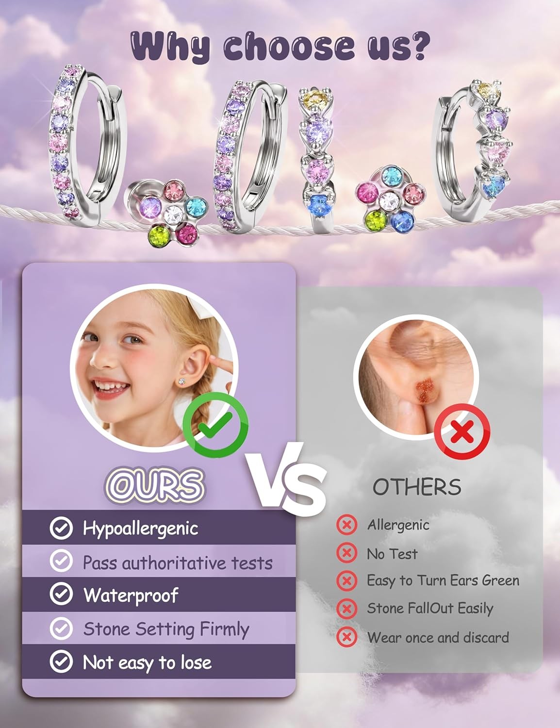 Hypoallergenic Flat Back Earrings Set Girls Kids Surgical Steel Sensitive Ears