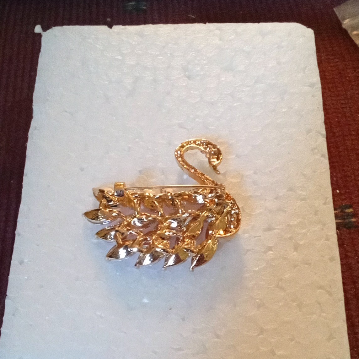 Gold Tone Rhinestone Swan Bird Brooch Pin, Pink Marquise Stones