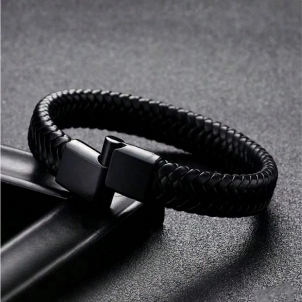 Black Bracelet Men’s Braided Leather Bangle Stainless Steel Cuff Wristband USA