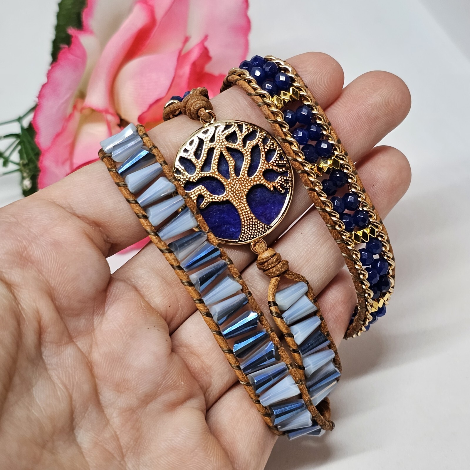 Blue Lapis Lazuli Tree of Life Bracelet Gold Crystal Braded Wrap Leather Boho