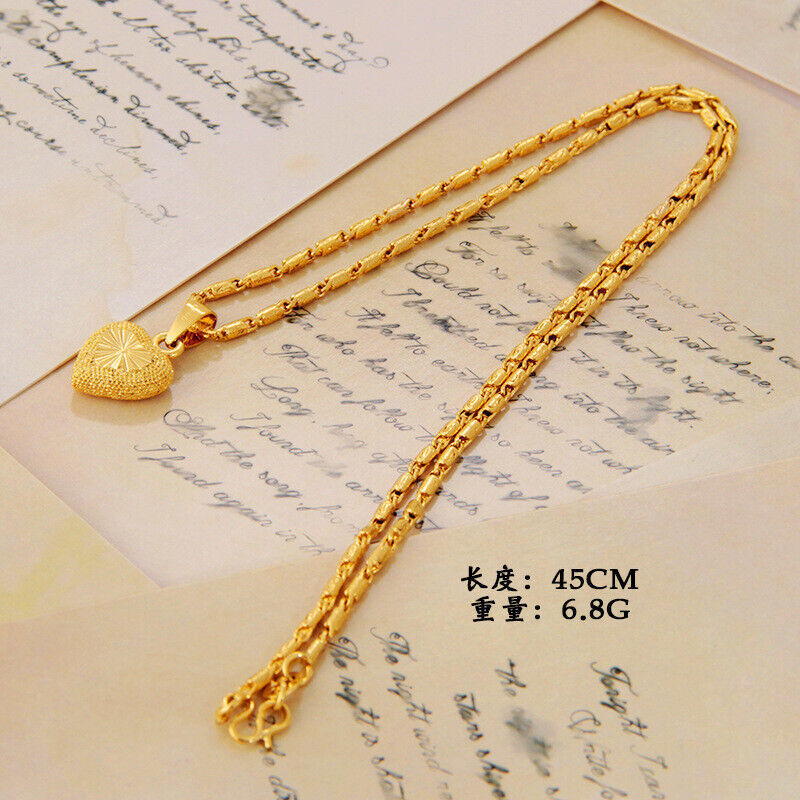 Women Girl Heart 22K 23K 24K THAI BAHT YELLOW GP GOLD NECKLACE Jewelry New