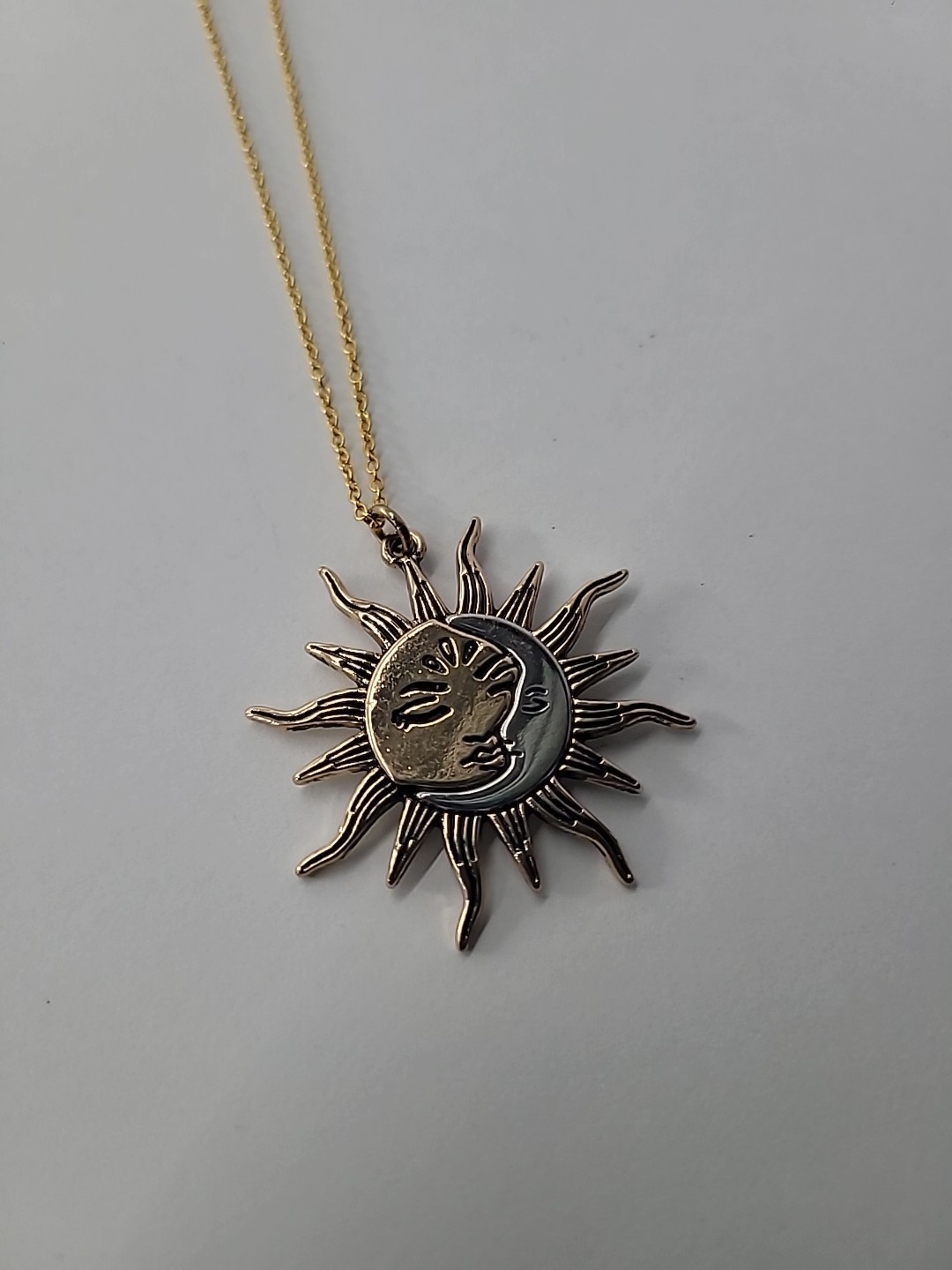 Sun Moon Necklace Gold Tone Celestial Face Pendant Boho Astrology Two Tone