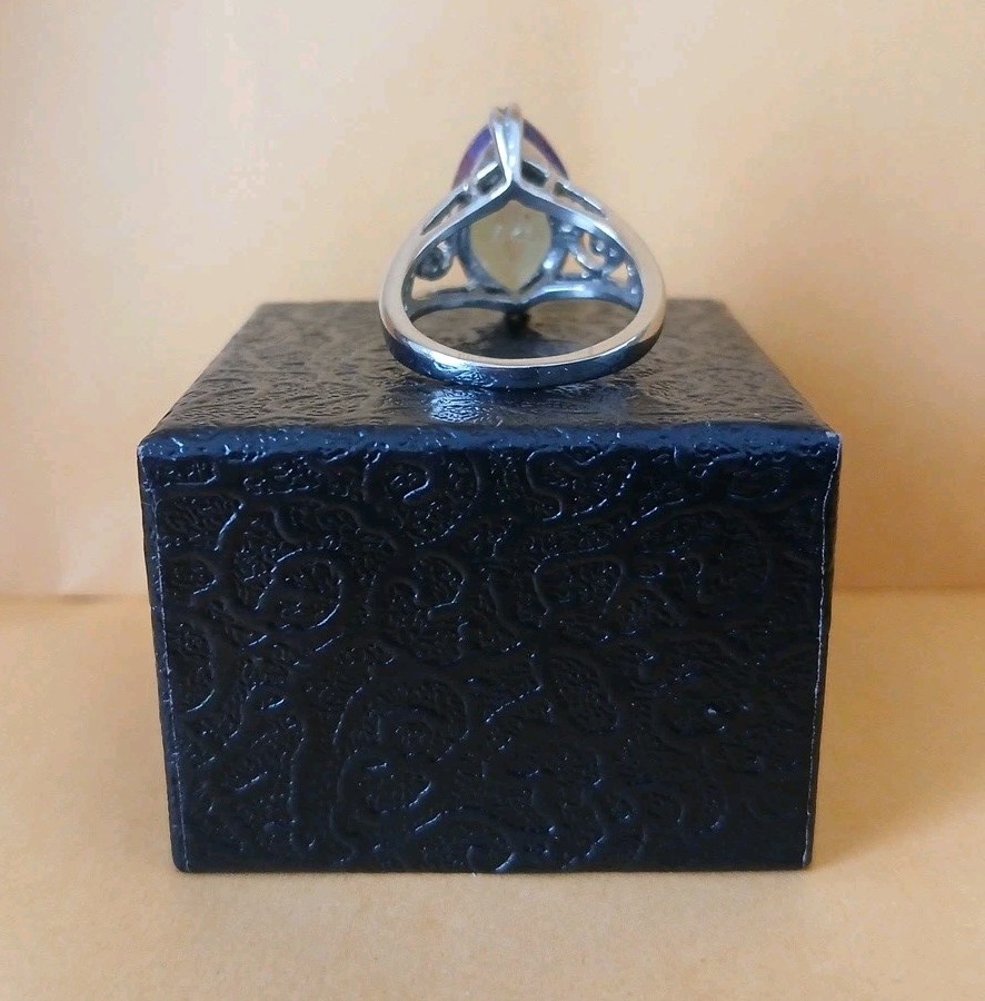 Stainless Steel Size 8 Mystic Fire Look Ring Marquise Shape Silver Scrollwork