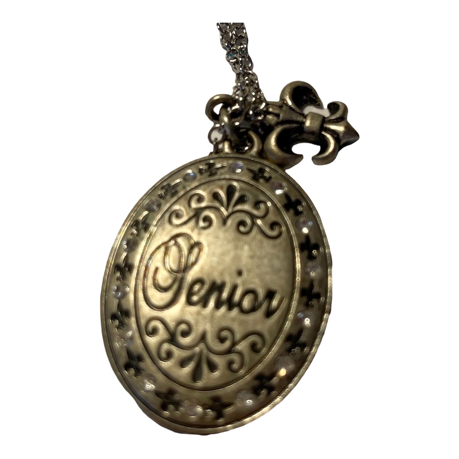 JOSTENS SENIOR Rhinestone Crystal Accents Antiqued Silver Tone Pendant Necklace!