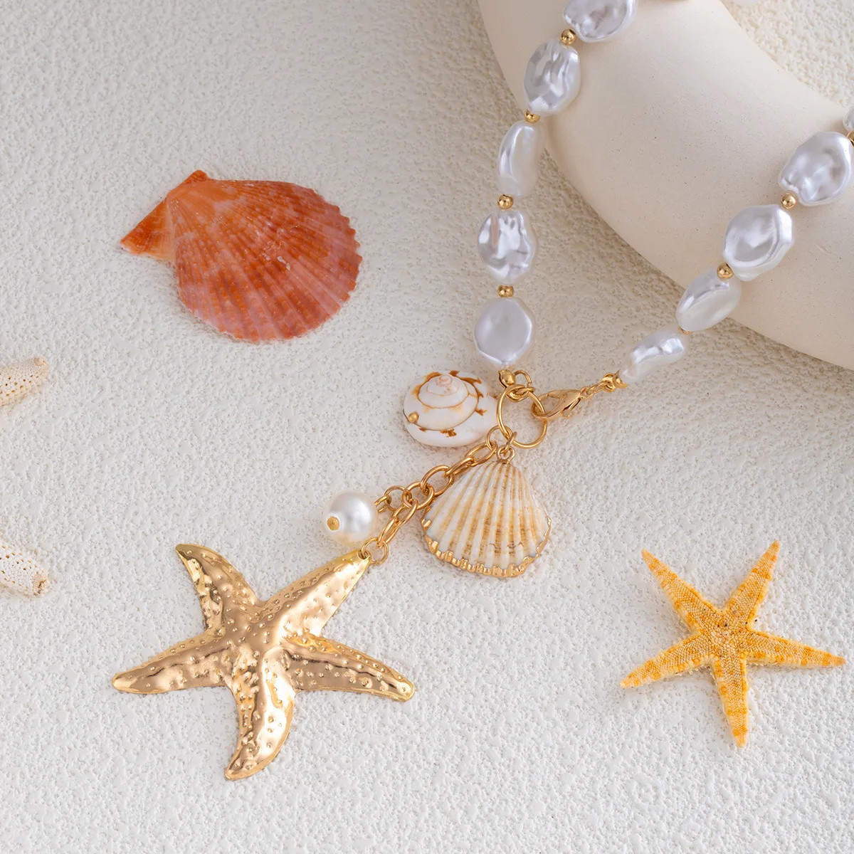 Bohemian Seaside Vacation Wind Pearl Shell Conch Starfish Necklace Female Versat