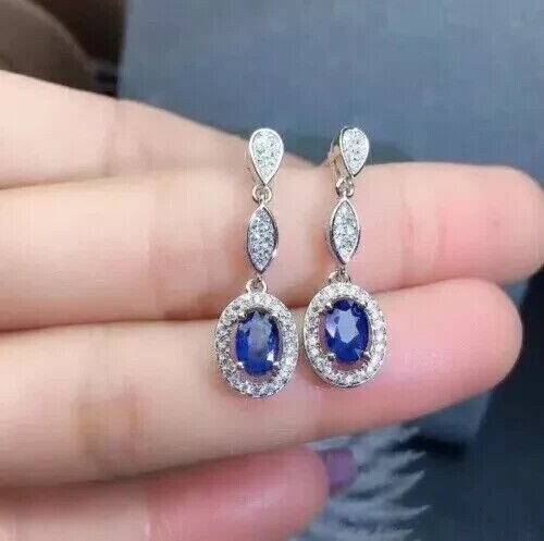 Halo Drop/Dangle Earrings 2Ct Oval Cut Simulated Sapphire 14k White Gold Plated