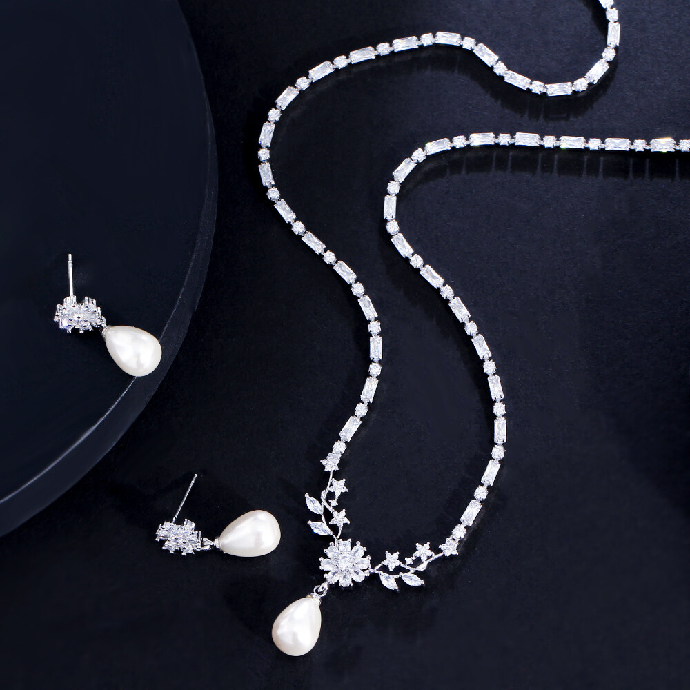 Top Silver Plated CZ Flower Leaf Tennis Pearl Drop Necklace Earrings Jewelry Set