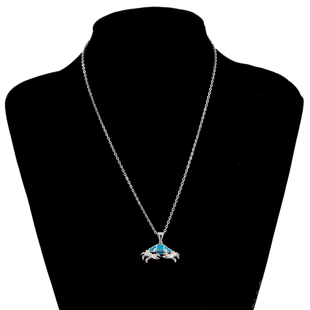 Beach Crab Ocean Blue Fire Opal Holiday Silver Jewelry Women Necklace Pendant