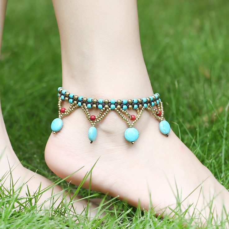Women Bohemia Turquoise & Copper Bead Bell Wax Rope Foot Anklet Bracelet 8-9.2″