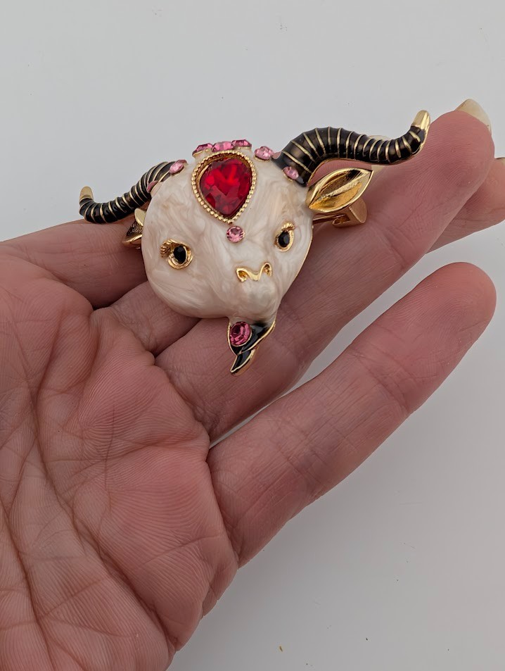 KITSCHY BAPHOMET BROOCH weird little bejeweled lamb goat ram aries devil pin N5