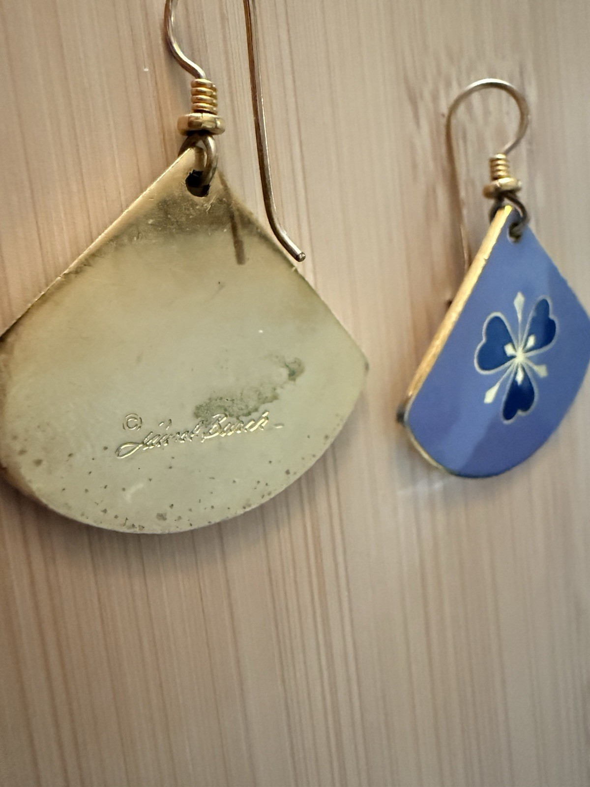 Laurel Burch Signed Blue/Gold Enamel Fan Floral Dangle Hook Earrings 80s