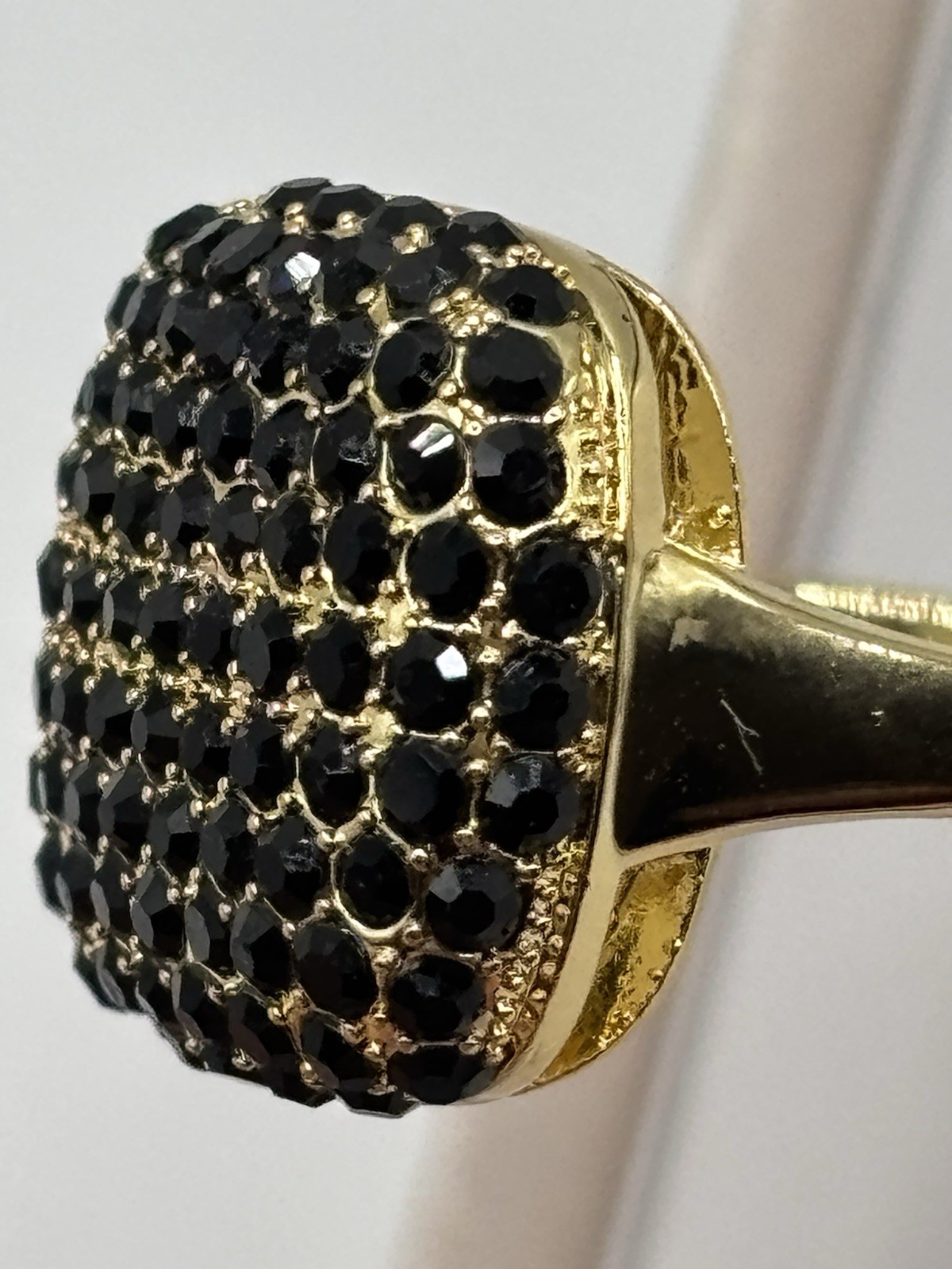 Gold Tone Black Round Crystal Pavé Cushion Dome Cocktail Ring Size 7