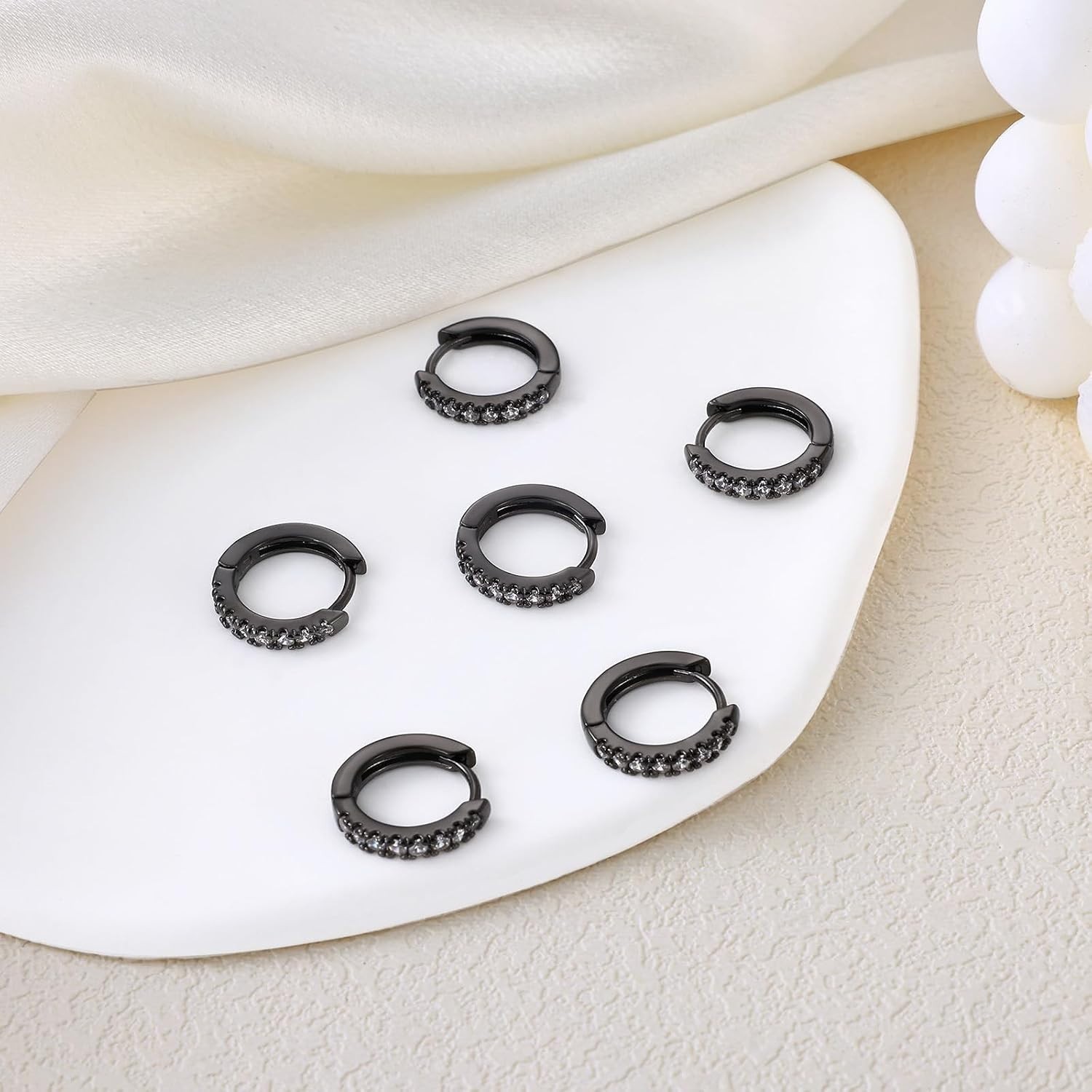 Elegant 3 Pairs Small Black Hoop Earrings with Cubic Zirconia – 8mm, 10mm, 12mm