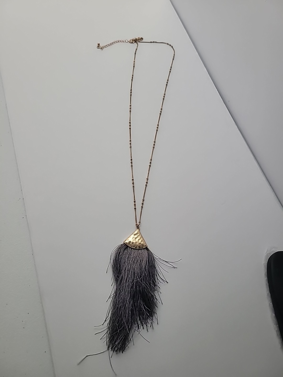 Vintage Gold Tone Hammered Fan Pendant Gray Tassel Necklace Boho Fringe Jewelry