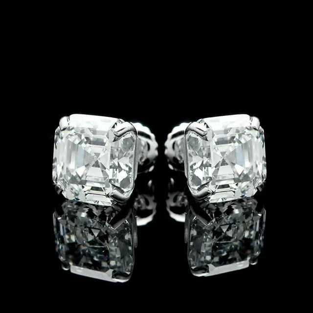 Silver 2Ct Asscher Simulated Diamond Solitaire Stud Earring 14KWhite Gold Plated