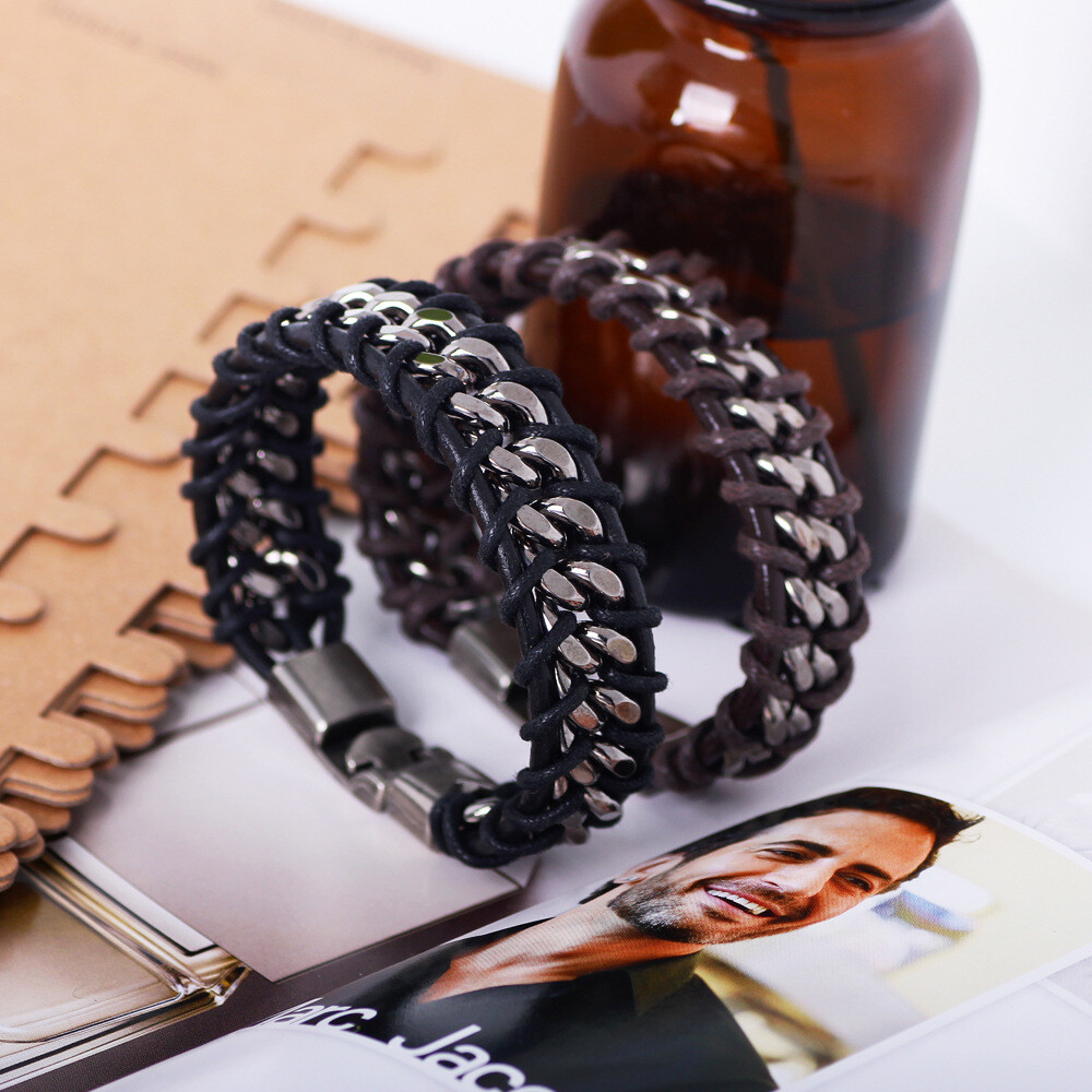 Braided Leather Silver Stainless Steel Cuban Chain Men’s Bracelet Bangle