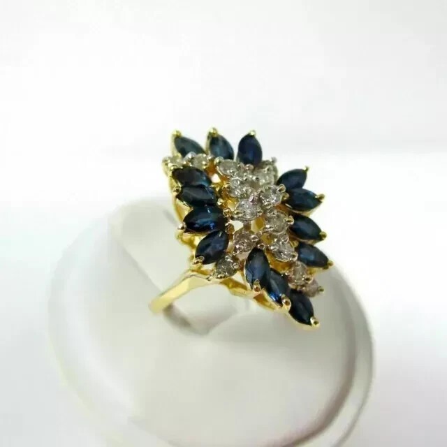 Marquise Cut Simulated Blue Sapphire Engagement Ring In 14K Yellow Gold Plated