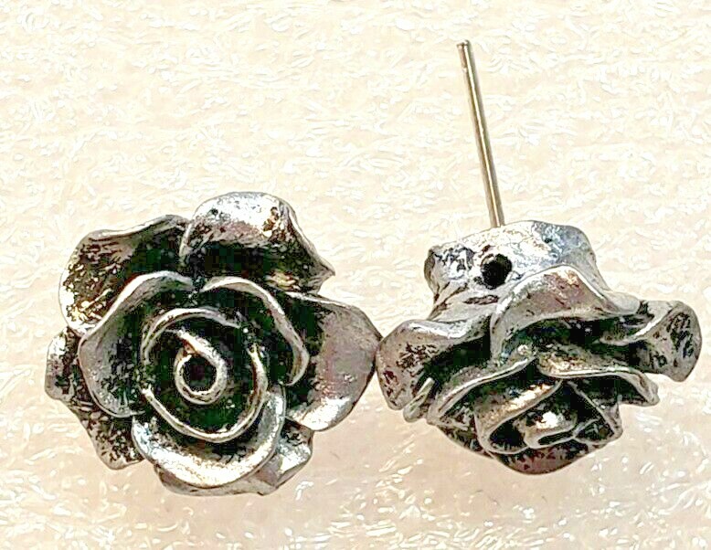 Rose Flower Bloom Antique Silver Color Acrylic Post Style Earrings Jewelry