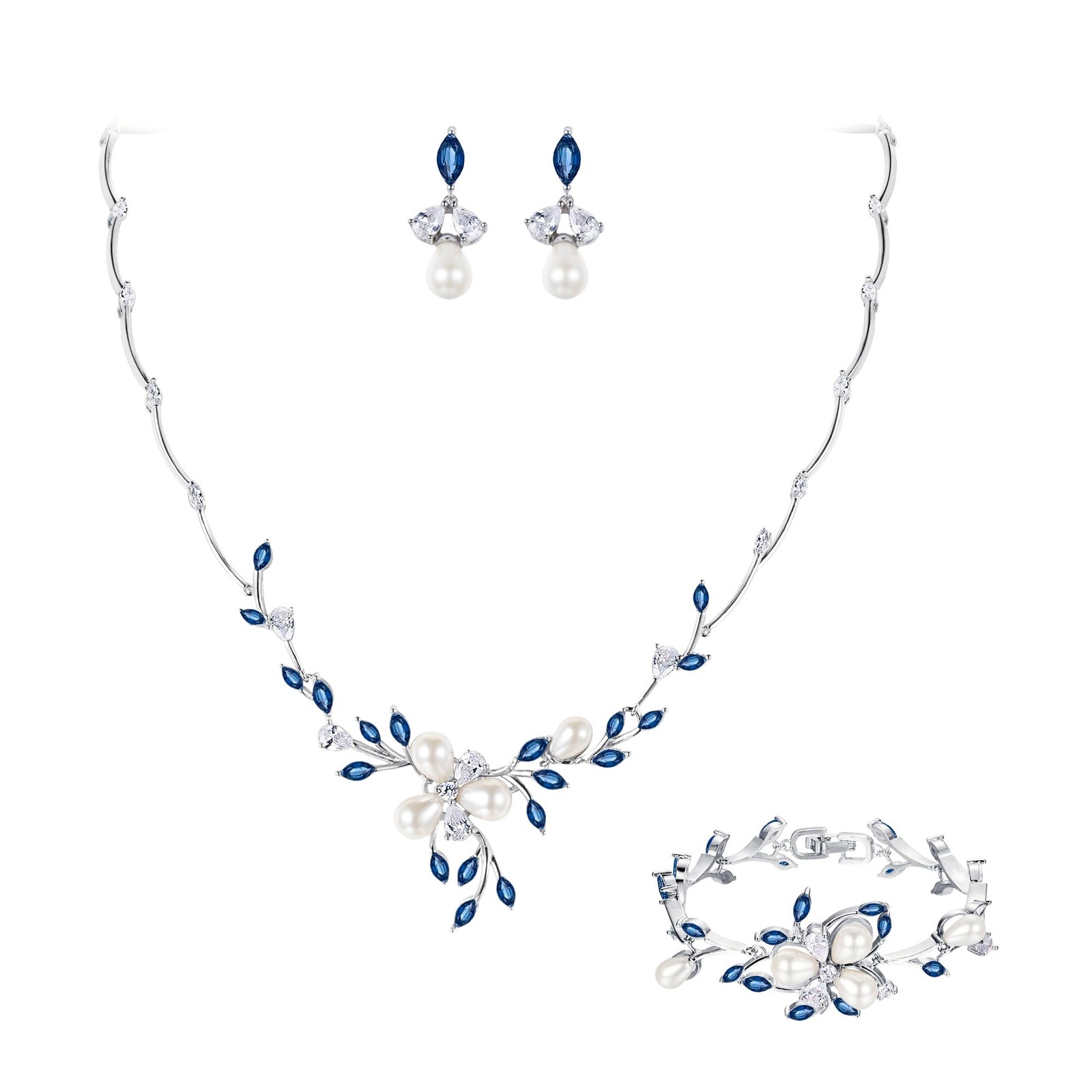 Wedding Jewelry Set for Bride, Simulated Pearl Blue Marquise CZ Flower Filigr…