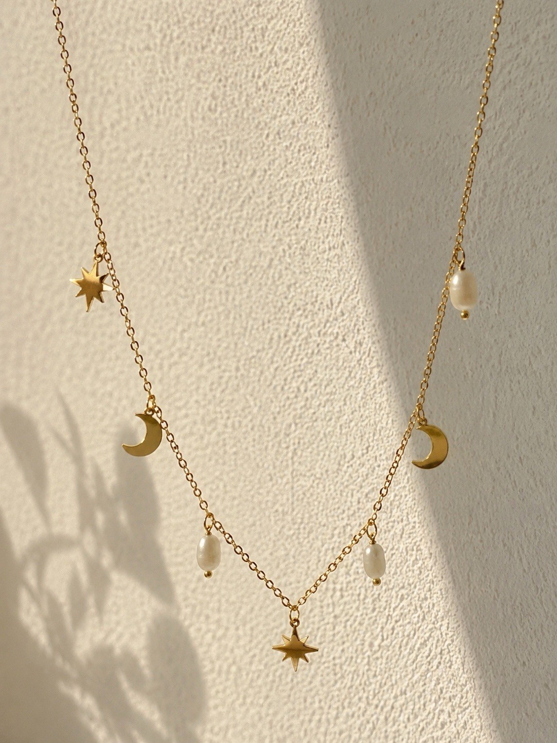 18k Gold Plated Moon Star Charm Pendant Necklace White Pearl Cable Chain