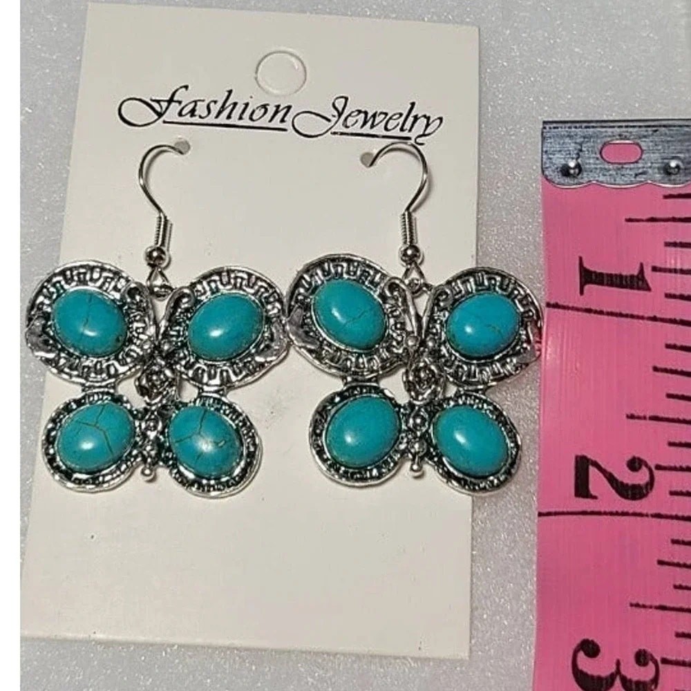 Silver Turquoise Stone Dangle Drop Fashion Earrings Set of 4 ~ NEW