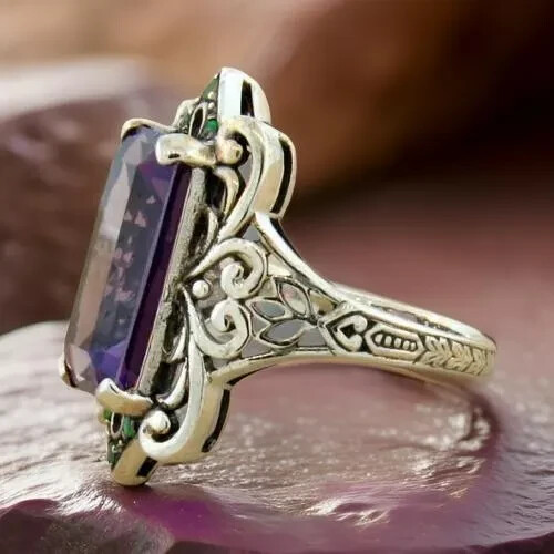 ANTIQUE STYLE 925 STERLING SILVER COLOR CHANGING SIMULATED ALEXANDRITE RING #501